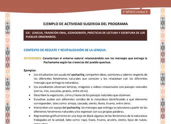 Actividad sugerida LC02 - Quechua - U4 - N°4: Caracterizan el entorno natural relacionándolo con los mensajes que entrega la Pachamama según las creencias del pueblo quechua.