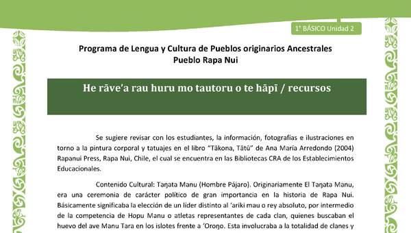 Orientaciones al docente - LC01-RAPANUI - U02 - He rāve’a rau huru mo tautoru o te hāpī