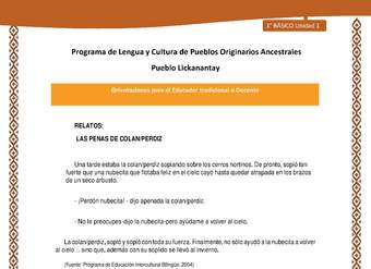 Orientaciones al docente - LC01 - Lickanantay - U1 - Relatos: las penas de colan perdiz