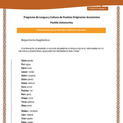 Orientaciones al docente - LC01 - Lickanantay - U1 - Repertorio lingüístico