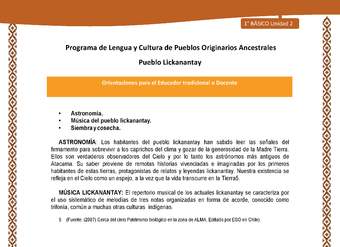 Orientaciones al docente - LC01 - Lickanantay - U2 - Astronomía, Música del pueblo lickanantay y Siembra y cosecha.