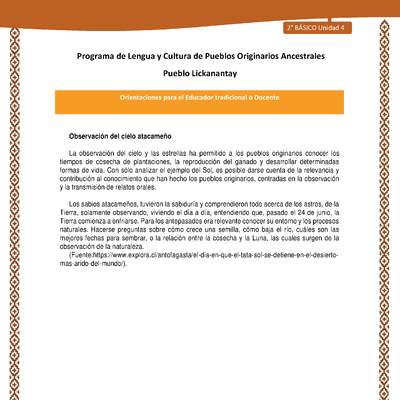 Orientaciones al docente - LC02 - Lickanantay - U4 - Observación del cielo atacameño