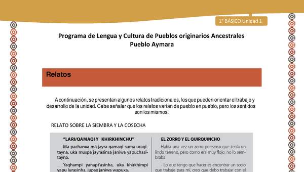 Orientaciones al docente - LC01 - Aymara - U01 - Relato sobre la siembra y la cosecha