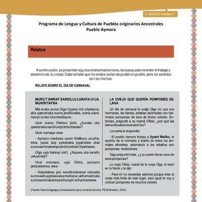 Relato sobre el día de carnaval - Lengua y cultura de los pueblos Originarios Ancestrales 1º básico - Pueblo Aymara - Unidad 1