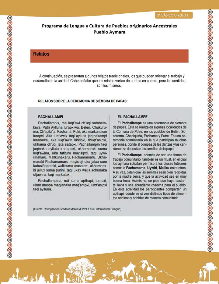 Relato sobre ceremonia de siembra de papas - Lengua y cultura de los pueblos Originarios Ancestrales 1º básico - Pueblo Aymara - Unidad 1