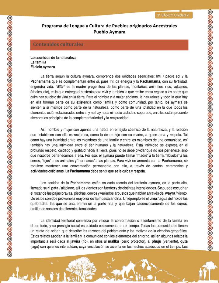 Contenidos culturales - Lengua y cultura de los pueblos Originarios Ancestrales 1º básico -  Aymara - Unidad 2