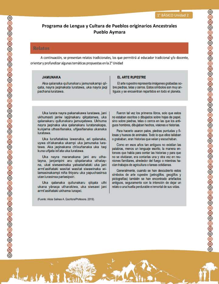 Relato El arte rupestre - Lengua y cultura de los pueblos Originarios Ancestrales 1º básico -  Aymara - Unidad 2