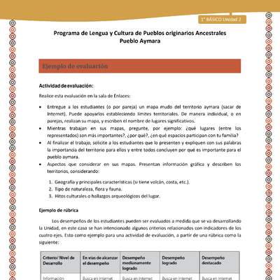 Ejemplo de evaluación - Lengua y cultura de los pueblos Originarios Ancestrales 1º básico -  Aymara - Unidad 2