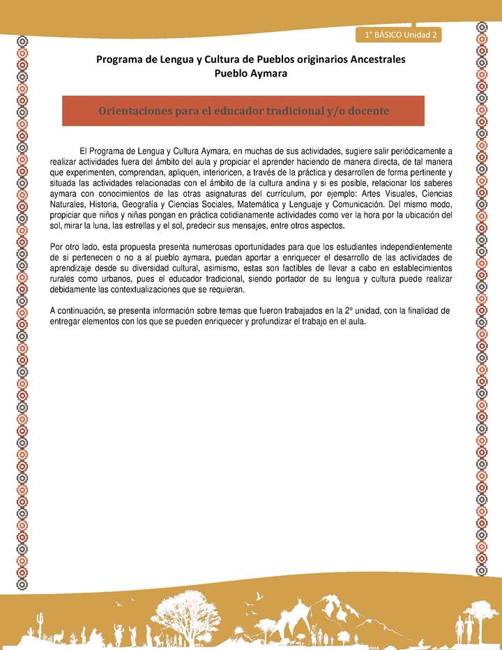 Orientaciones - Lengua y cultura de los pueblos Originarios Ancestrales 1º básico -  Aymara - Unidad 2