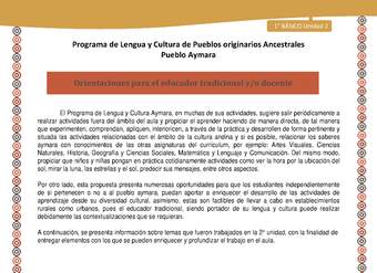 Orientaciones - Lengua y cultura de los pueblos Originarios Ancestrales 1º básico -  Aymara - Unidad 2