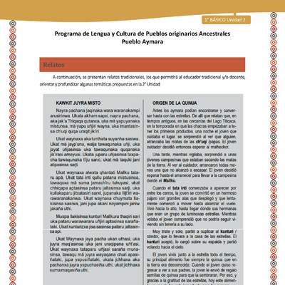 Relato Y el origen de la quinua - Lengua y cultura de los pueblos Originarios Ancestrales 1º básico -  Aymara - Unidad 2