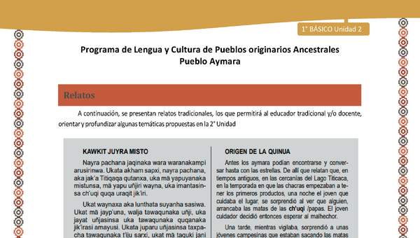 Relato Y el origen de la quinua - Lengua y cultura de los pueblos Originarios Ancestrales 1º básico -  Aymara - Unidad 2