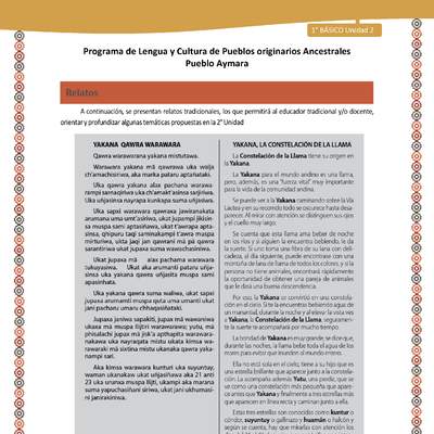 Relato Yakana, la constelación de la llama - Lengua y cultura de los pueblos Originarios Ancestrales 1º básico -  Aymara - Unidad 2