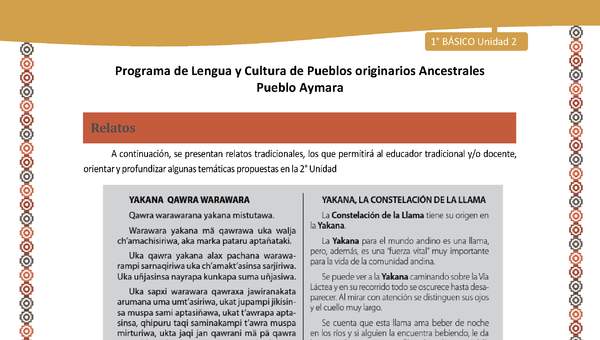 Relato Yakana, la constelación de la llama - Lengua y cultura de los pueblos Originarios Ancestrales 1º básico -  Aymara - Unidad 2