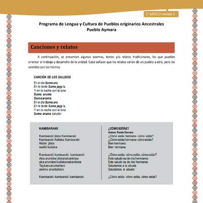 Canciones y relatos - Lengua y cultura de los pueblos Originarios Ancestrales 1º básico -  Aymara - Unidad 3