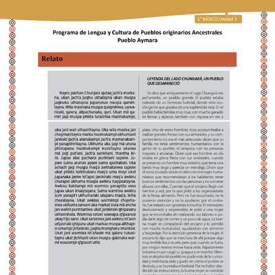 Relato Leyenda del lago Chungará - Lengua y cultura de los pueblos Originarios Ancestrales 1º básico -  Aymara - Unidad 3