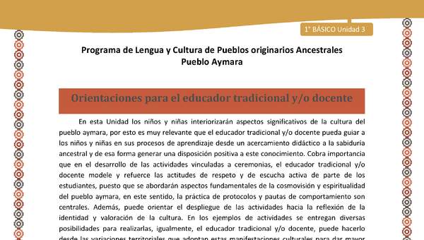 Orientaciones - Lengua y cultura de los pueblos Originarios Ancestrales 1º básico -  Aymara - Unidad 3