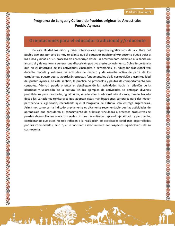 Orientaciones - Lengua y cultura de los pueblos Originarios Ancestrales 1º básico -  Aymara - Unidad 3