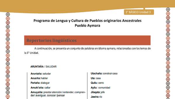 Repertorios lingüísticos - Lengua y cultura de los pueblos Originarios Ancestrales 1º básico -  Aymara - Unidad 3