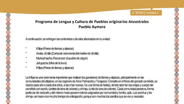 Orientaciones al docente - LC02 - Aymara - U01 - Contenidos culturales