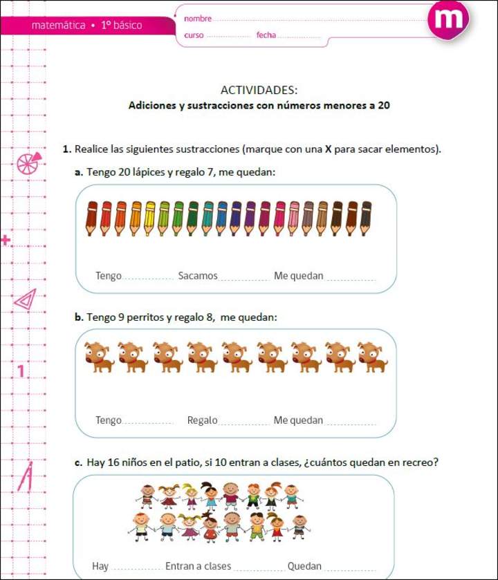 Adiciones y sustracciones con números menores a 20