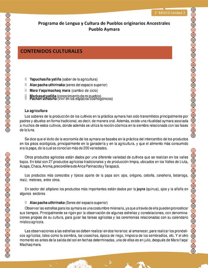 Orientaciones al docente - LC02 - Aymara - U01 - Contenidos culturales