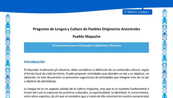 Orientaciones al docente - LC01 - Mapuche - U1 - Introducción