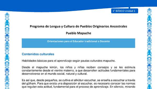 Orientaciones al docente - LC01 - Mapuche - U1 - Contenidos culturales