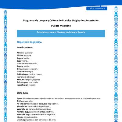 Orientaciones al docente - LC01 - Mapuche - U1 - Repertorio lingüístico