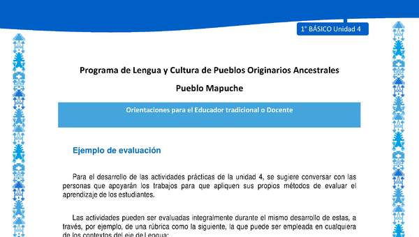 Orientaciones al docente - LC01 - Mapuche - U4 - Ejemplo de evaluación