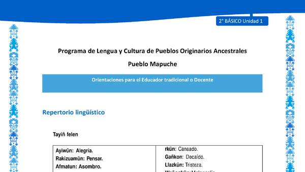 Orientaciones al docente - LC02 - Mapuche - U1 - Repertorio lingüístico