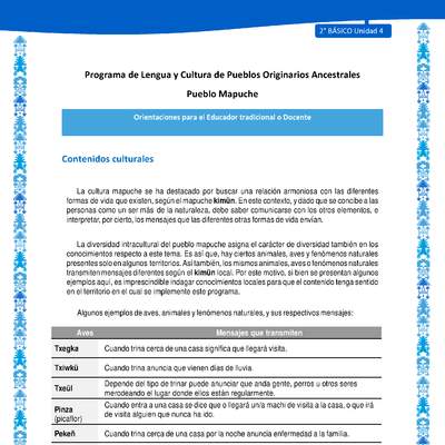 Orientaciones al docente - LC02 - Mapuche - U4 - Contenidos culturales