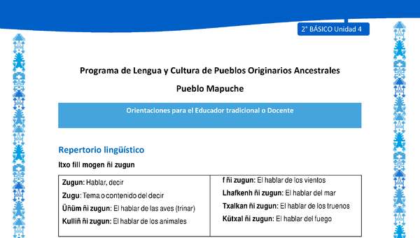 Orientaciones al docente - LC02 - Mapuche - U4 - Repertorio lingüístico