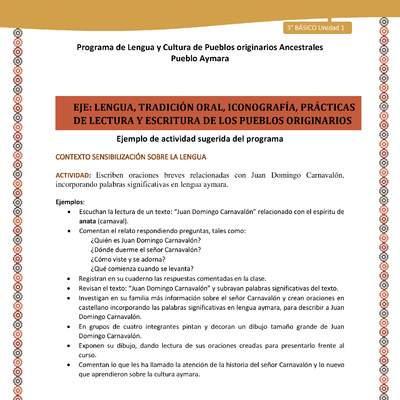 01-Actividad Sugerida LC03 U01-LS01-Escriben oraciones   breves   relacionadas   con   Juan   Domingo   Carnaval+¦n, incorporando palabras significativas en lengua aymara.