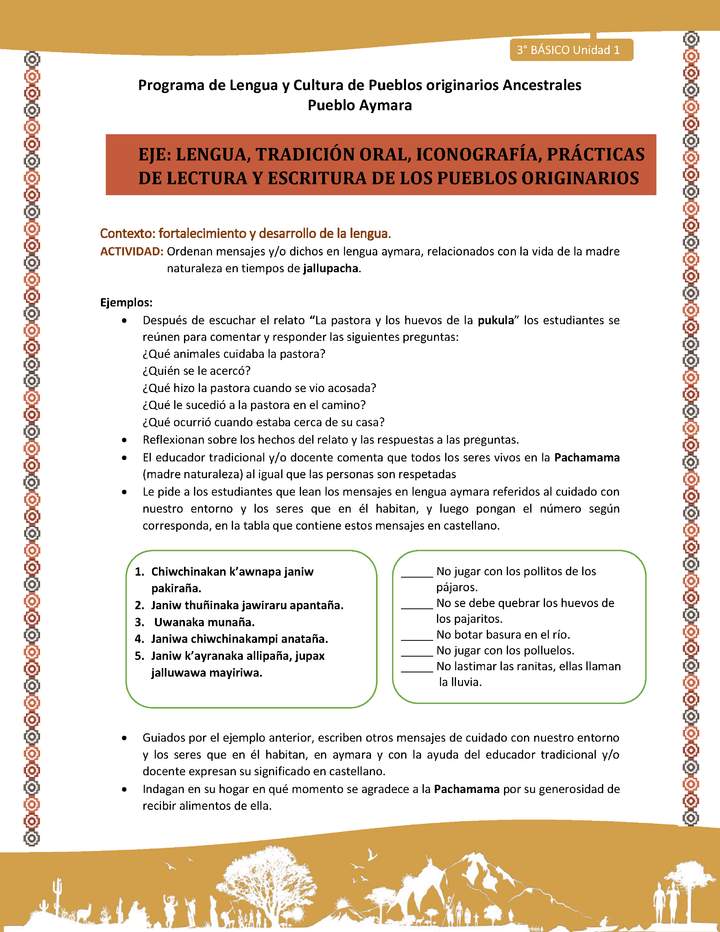 06-Actividad Sugerida LC03 U01-LF01-Ordenan mensajes y o dichos en lengua aymara, relacionados con la vida de la madre naturaleza en tiempos de jallupacha.