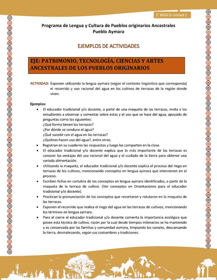 19-Actividad Sugerida LC03-U02-OA13-Exponen utilizando la lengua aymara (según el contexto lingüístico que corresponda) el recorrido y uso racional del agua en los cultivos de terrazas de la región donde viven.