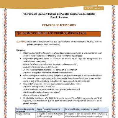 15-Actividad Sugerida LC03-U02-OA11-Describen el comportamiento que se debe tener en las ceremonias rituales, como la phawa y el ayni (trabajo comunitario).