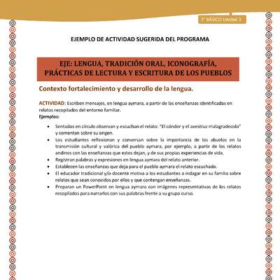 09-Actividad Sugerida LC03-U03-LF03;LF05-Escriben mensajes, en lengua aymara, a partir de las enseñanzas identificadas en relatos recopilados del entorno familiar.