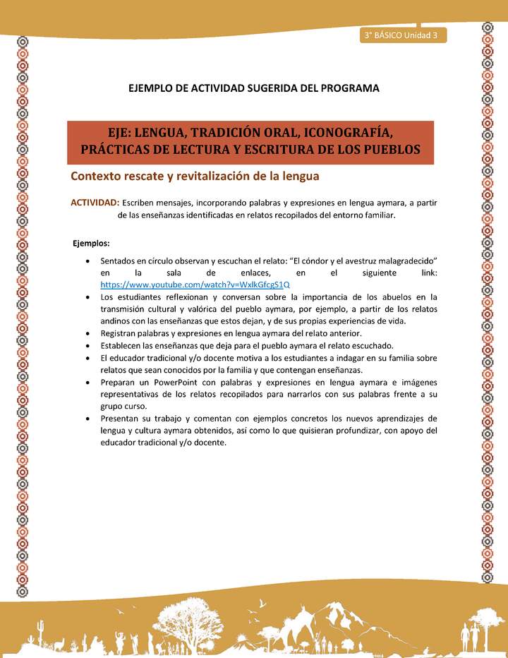 06-Actividad Sugerida LC03-U03-LR03;LR05-Escriben mensajes, incorporando palabras y expresiones en lengua aymara, a partir de las enseñanzas identificadas en relatos recopilados del entorno familiar.