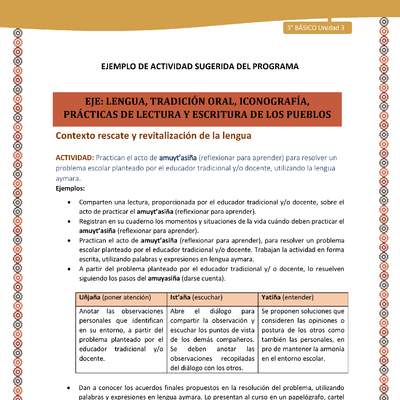 05-Actividad Sugerida LC03-U03-LR03:LS05-Practican el acto de amuyt’asiña (reflexionar para aprender) para resolver un problema escolar planteado por el educador tradicional y/o docente, utilizando la lengua aymara.