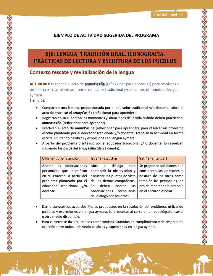 05-Actividad Sugerida LC03-U03-LR03:LS05-Practican el acto de amuyt’asiña (reflexionar para aprender) para resolver un problema escolar planteado por el educador tradicional y/o docente, utilizando la lengua aymara.