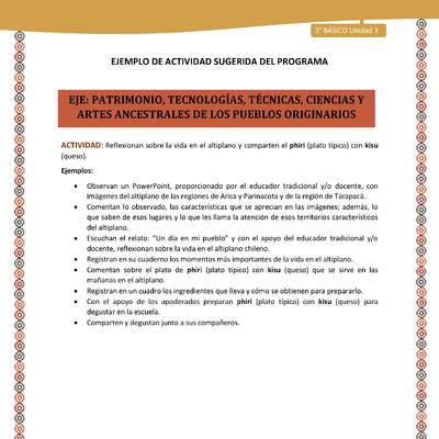 16-Actividad Sugerida LC03-U03-OA15-Reflexionan sobre la vida en el altiplano y comparten el phiri (plato típico) con kisu (queso).