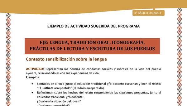 04-Actividad Sugerida LC03-U03-LS03;LS05-Representan las normas de conductas sociales y morales de la vida del pueblo aymara, relacionándolas con sus experiencias de vida.