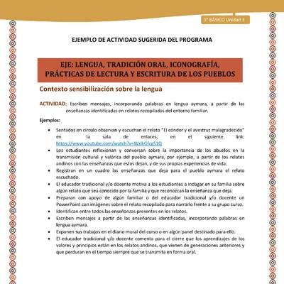 03-Actividad Sugerida LC03-U03-LS03;LS05-Escriben mensajes, incorporando palabras en lengua aymara, a partir de las enseñanzas identificadas en relatos recopilados del entorno familiar.