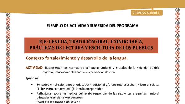 10-Actividad Sugerida LC03-U03-LF03;LF05-Representan las normas de conductas sociales y morales de la vida del pueblo aymara, relacionándolas con sus experiencias de vida.