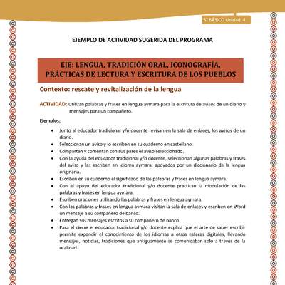 06-Actividad Sugerida LC03-U03 -AYM-LR04-Utilizan palabras y frases en lengua aymara para la escritura de avisos de un diario y mensajes para un compañero.