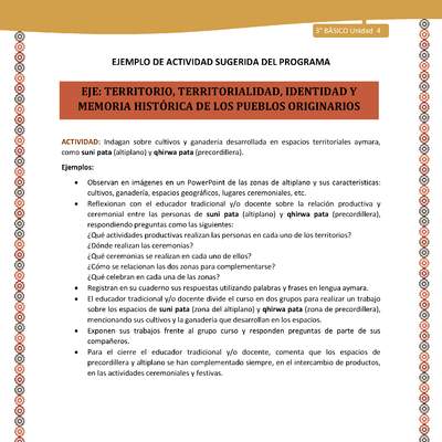 11-Actividad Sugerida LC03-U03 -AYM-OA06-Indagan sobre cultivos y ganadería desarrollada en espacios territoriales aymara, como suni pata (altiplano) y qhirwa pata (precordillera).