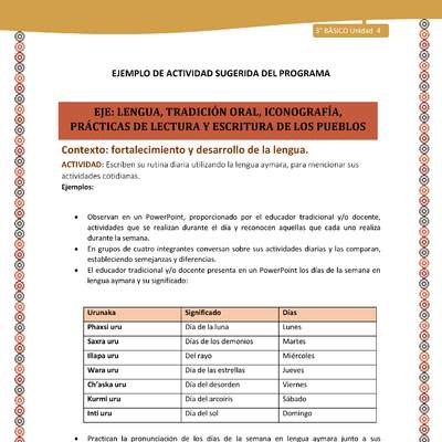 08-Actividad Sugerida LC03-U03 -AYM-LF04-Escriben su rutina diaria utilizando la lengua aymara, para mencionar sus actividades cotidianas.