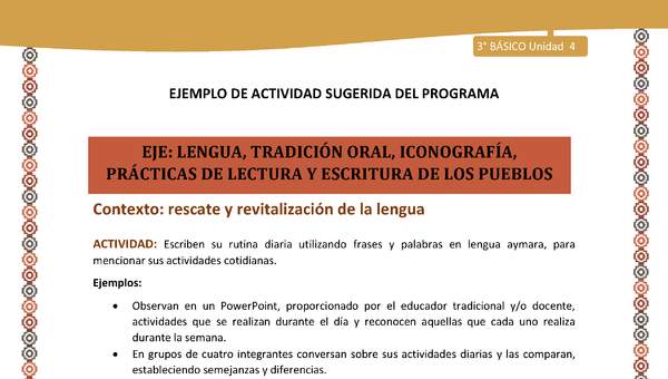 05-Actividad Sugerida LC03-U03 -AYM-LR04-Escriben su rutina diaria utilizando frases y palabras en lengua aymara, para mencionar sus actividades cotidianas.