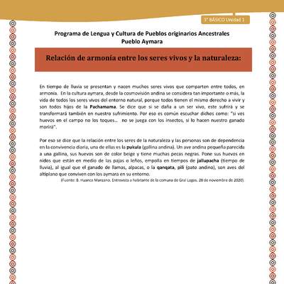 08-Orientaciones al docente - LC03 - Aymara - U01 -Relación de armonía entre los seres vivos y la naturaleza